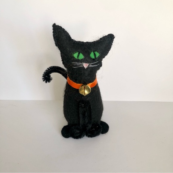 Black Cat Felt art doll hand-sewn handmade Orange ribbon bell - Picture 3 of 9